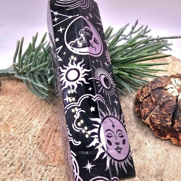 Nature Obsidian Engraved Purple Spiritual Symbols 4" Wand Point - Picture 2 of 10
